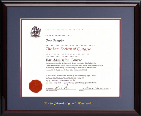 (#1 BLUE) Law Degree (11x16H)- Wood frame with glossy mahogany finish, blue and maroon double mat board and gold embossing